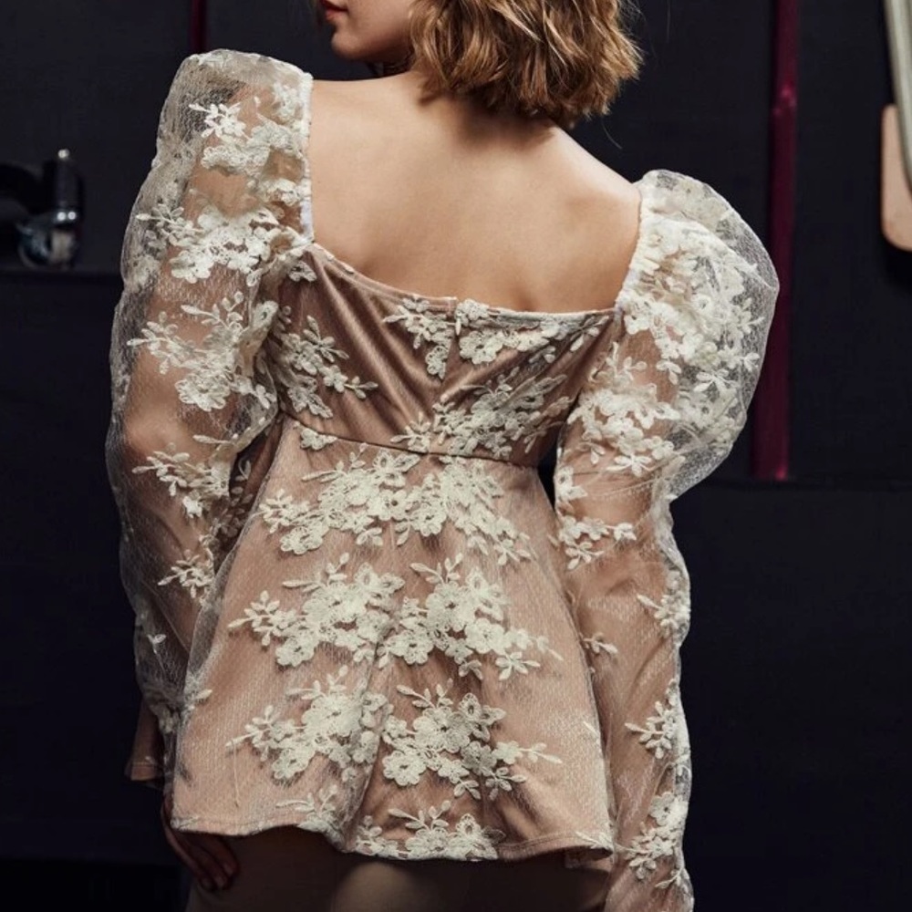 Lace floral bronze blouse top fashion runway puff sleeve women’s top - Picture 4 of 6